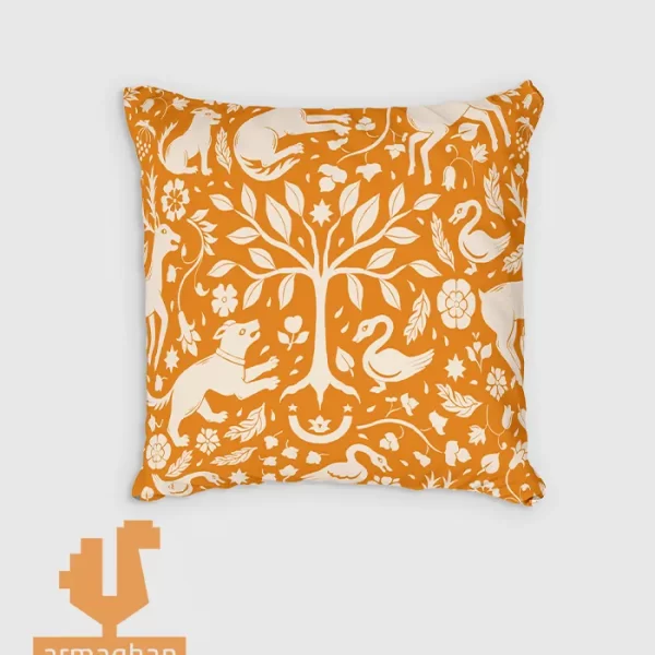 Orange-patterned-cushion-with-wolf-design