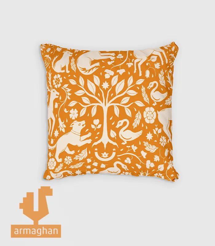 Orange-patterned-cushion-with-wolf-design