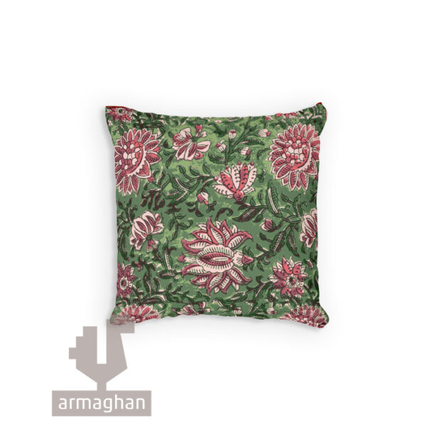 Green-velvet-patterned-cushion-with-pink-flowers