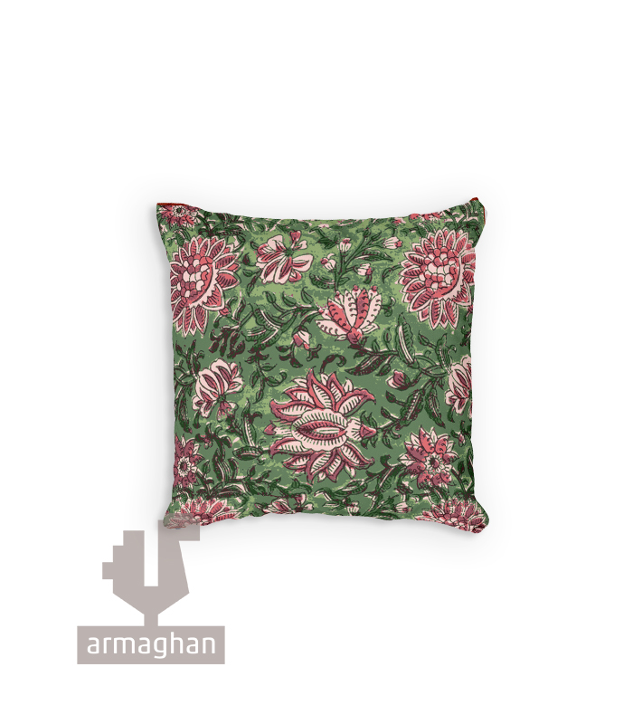 Green-velvet-patterned-cushion-with-pink-flowers