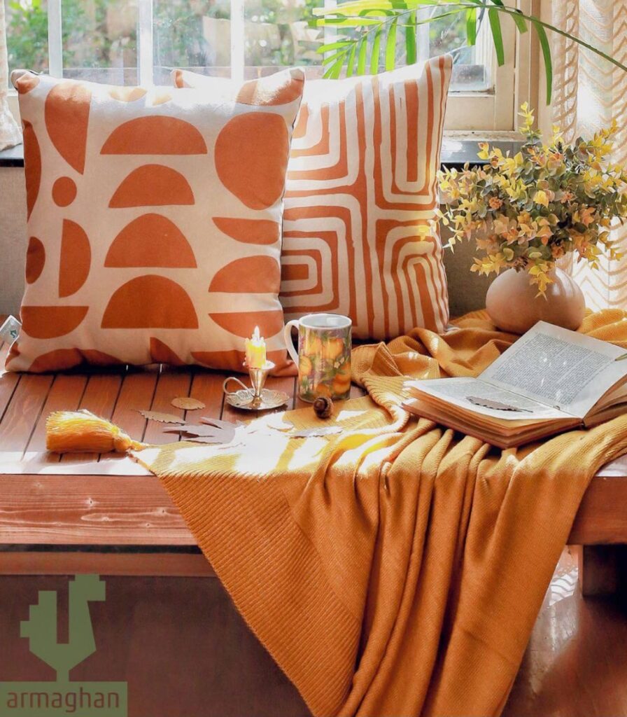 Brown sofa cushion and shawl